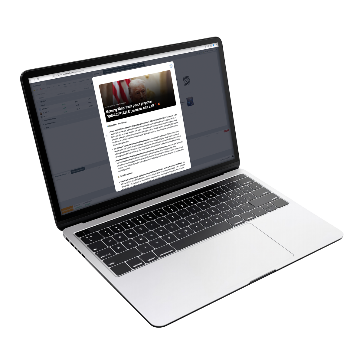 Plataforma BeFX en un computador mostrando noticias